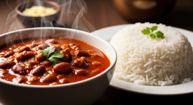 Hot steaming rajma masala red kidney bean curry with white basmati rice