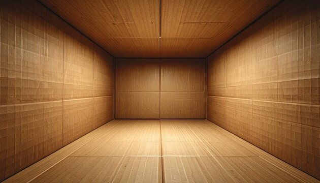 Inside view of an empty brown corrugated cardboard shipping box, detailed folded edges and corrugated interior, realistic packaging photography, soft studio lighting, full frame