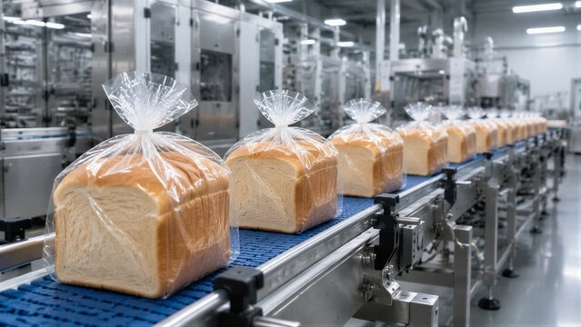 Wrapped bread loaves moving along conveyor in bakery plant