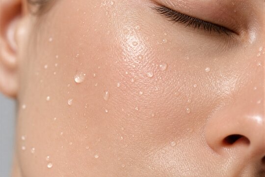 Closeup of female face with water droplets on cheek and closed eye