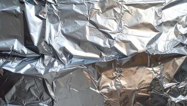 crumpled silver aluminum foil torn strip, reflective metallic texture, abstract material background