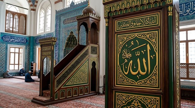 Interior view of a traditional Turkish mosque featuring a wooden minbar and intricate Islamic calligraphy