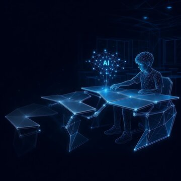 Futuristic digital student sitting at a desk studying holographic data. back to school with technology hologram technology futuristic education. back to school with technology