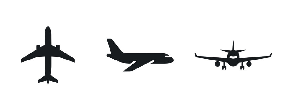 Airplane silhouettes depict various perspectives of passenger aircraft aviation