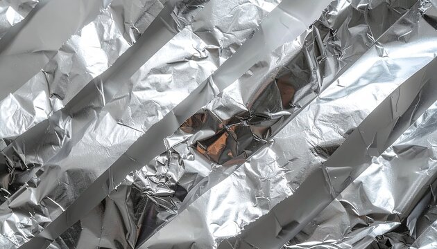 crumpled silver aluminum foil torn strip, reflective metallic texture, abstract material background