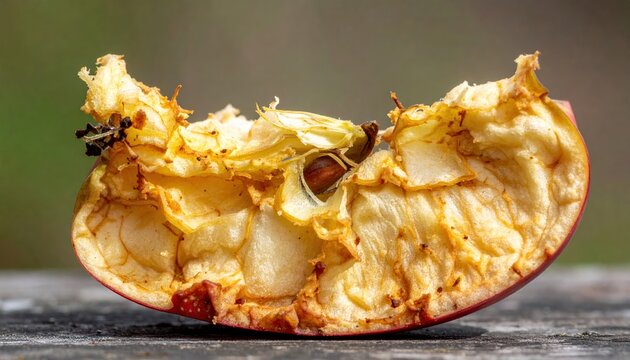 Bitten red apple core with visible seeds, food waste and composting concept