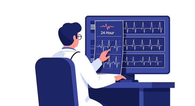 Male Doctor Analyzing 24-Hour ECG Heart Rhythm Data on a Digital Monitor, Professional Cardiology Diagnostic and Healthcare Illustration