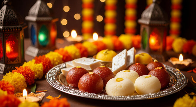 Traditional Indian sweets platter with gulab jamun and rasgulla for diwali festival celebration