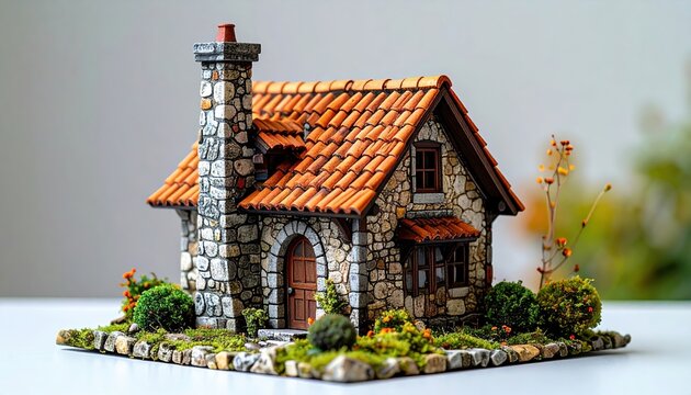 Small stone medieval-style house with red clay roof and chimney, miniature architectural model, realistic studio photography, isolated object