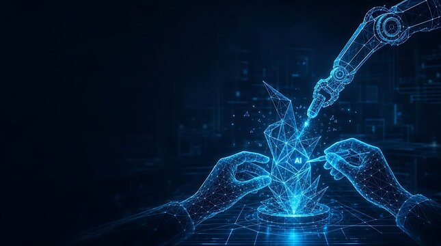 Robotic hands building a 3D model using advanced holographic projection. back to school with technology projection hologram building technology. back to school with technology
