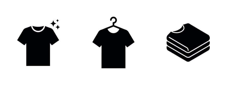 Three black silhouettes depict a t shirt hanging garment and folded clothes