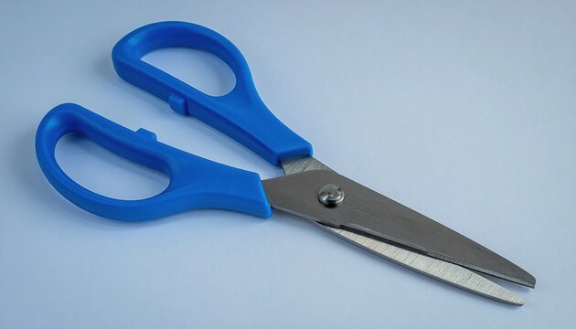 Professional blue-handled scissors with polished metal blades, office and craft supplies
