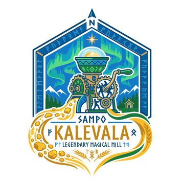 Sampo Kalevala Legendary Magical Mill Finnish Mythology Emblem Vector Illustration.