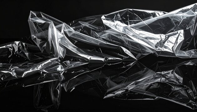 Dark transparent plastic wrap stretched across a black surface, dramatic reflections, wrinkles and folds, futuristic grunge texture