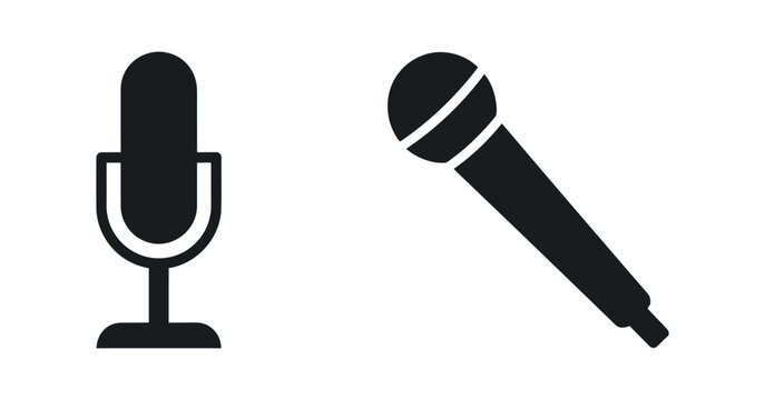 Two black microphone silhouettes illustrate vocal recording and performance equipment