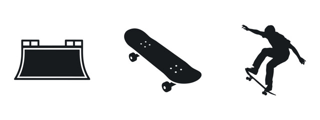 Skatepark ramp skateboard and skater silhouettes against a plain surface © MOHAMMAD