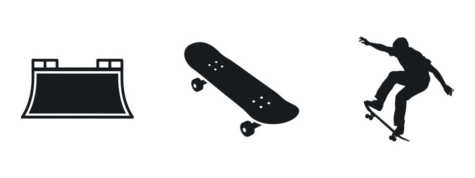 Skatepark ramp skateboard and skater silhouettes against a plain surface