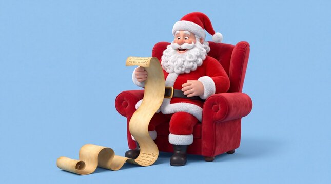 Festive elderly holiday figure with a white beard and red suit sits in a red armchair, holding a parchment scroll cascading onto the floor.