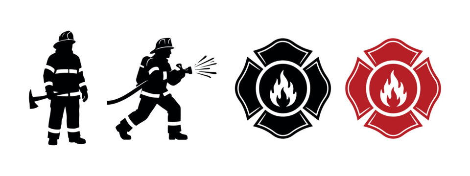 Firefighter silhouettes and maltese cross emblems depict emergency services personnel