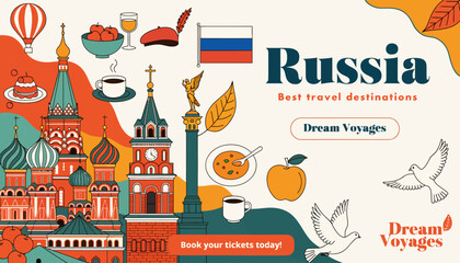 Naklejka premium Russia Travel Poster: Moscow Kremlin, Matryoshka, Food, Hot Air Balloon, Flag - Dream Voyages