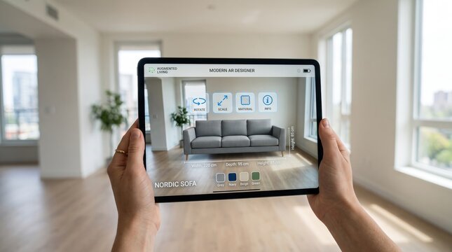 Person holding tablet using augmented reality app to visualize Nordic sofa in empty living room, interior design technology, virtual furniture placement tool, smart home