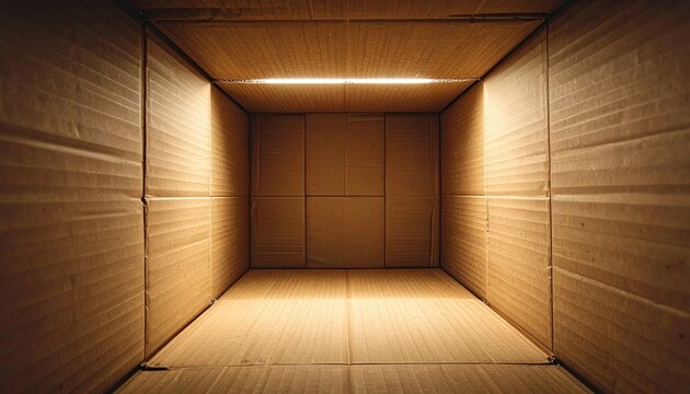 Inside view of an empty brown corrugated cardboard shipping box, detailed folded edges and corrugated interior, realistic packaging photography, soft studio lighting, full frame