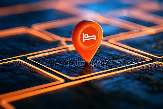 Close-up of a neon orange map pin pointer with a bed hotel icon on a stylized digital map background