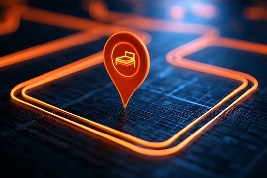 Close-up of a neon orange map pin pointer with a bed hotel icon on a stylized digital map background