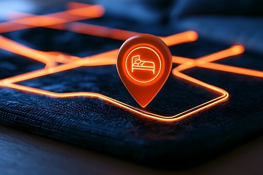 Close-up of a neon orange map pin pointer with a bed hotel icon on a stylized digital map background