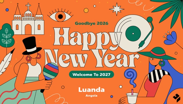 Happy New Year 2027 Luanda Angola Celebration Party with Festive Elements
