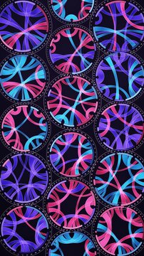 Abstract Chord Diagram Rings With Pulsing Connection Ribbons Data Visualization Seamless Loop in cool violet tones vertical 9:16