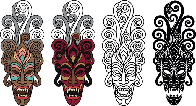 Traditional Tribal Mask Vector Set Featuring Polynesian Tiki Totem Designs with Swirl Patterns in Colored, Line Art, and Black Silhouette Graphics