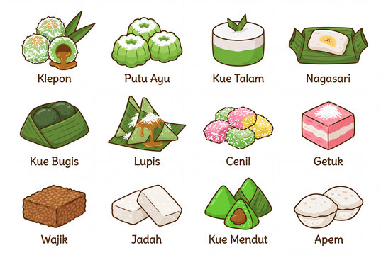 Indonesian traditional steamed cake set flat illustration, kue basah jajanan pasar collection with klepon putu ayu nagasari lupis on white background