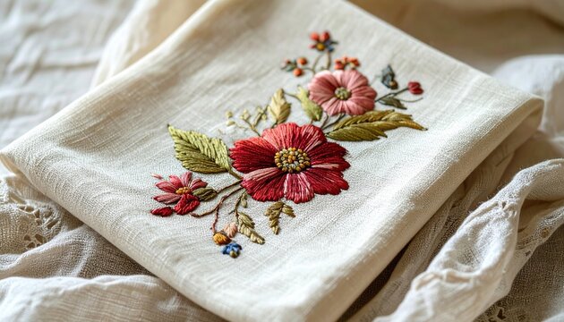 Vintage square linen handkerchief decorated with delicate floral embroidery, aged cream fabric, nostalgic European textile craftsmanship
