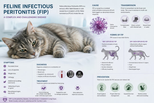 Feline infectious peritonitis symptoms, diagnosis and treatment infographic