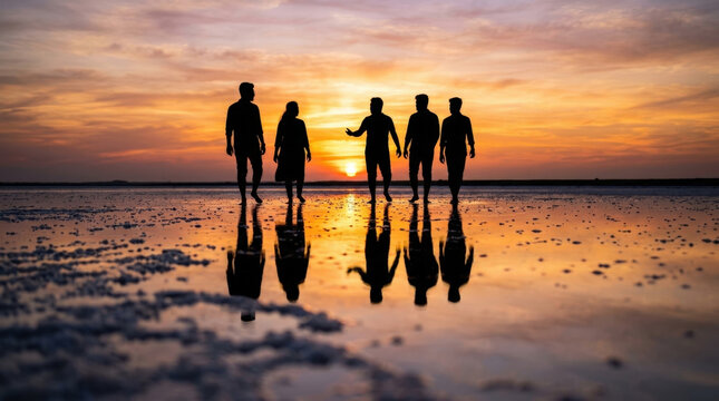 Group of friends silhouettes walking on wet salt flat during golden sunset with water reflections for adventure and freedom concept design.