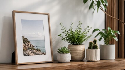 Fototapeta premium Framed seascape print and succulents arranged on wooden shelf