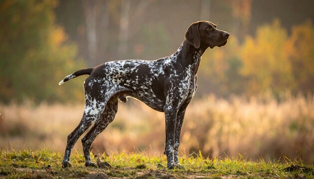 German shorthaired pointer standing in profile with distinctive spotted coat, canine photography
