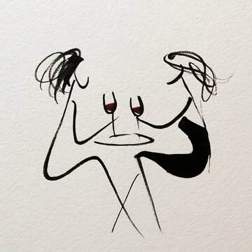 Minimalist ink drawing of two female friends sitting at a cafe table having a conversation and drinking wine