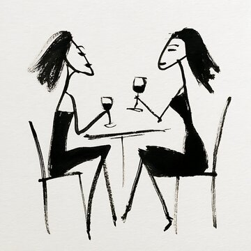 Minimalist ink drawing of two female friends sitting at a cafe table having a conversation and drinking wine