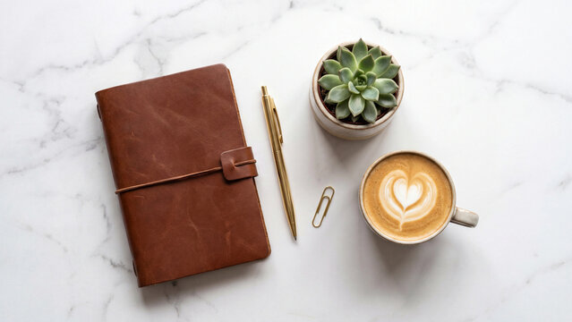 Brown leather journal placed on white marble surface alongside golden pen succulent plant and ceramic cup of hot coffee
