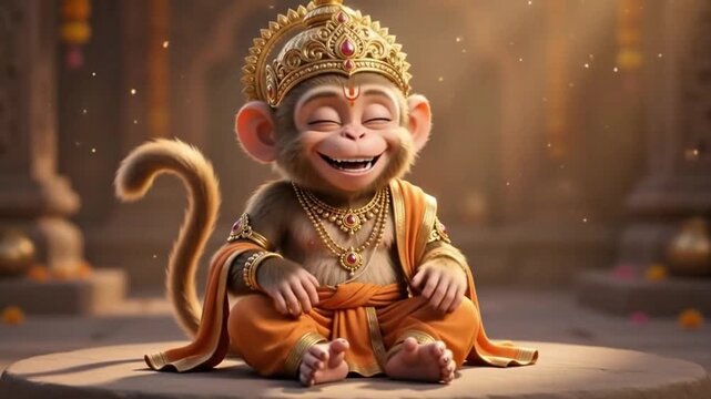 Hanuman Monkey Deity Meditating In Temple Surrounded By Golden Glow 4k