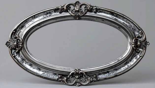 Elegant oval silver frame with carved metallic ornamentation, antique patina, classical decorative style, realistic studio photography