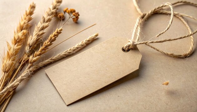 Blank beige craft paper tag tied with rustic jute twine bow, natural paper fibers, sustainable packaging concept