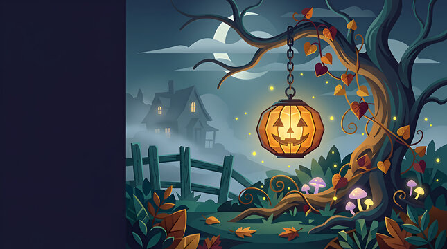 Glowing jack-o-lantern pumpkin lantern hanging from tree branch in spooky night landscape