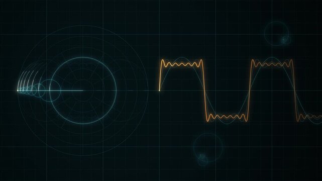 Fourier Series Epicycles Tracing a Waveform Seamless Loop in cool orange tones