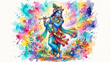 Fototapeta premium Lord krishna playing flute with musical notes