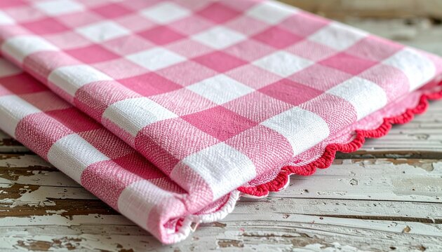 Pink and white gingham cloth napkin with red scalloped border, visible cotton fibers, charming farmhouse table textile