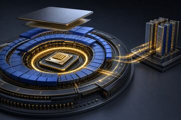Naklejka premium CPU cache hierarchy surrounding a central processor in layered architecture