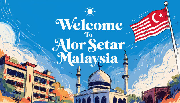 Welcome to Alor Setar Malaysia travel concept with mosque and flag